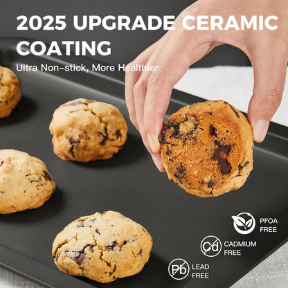 HONGBAKE Ceramic Baking Sheet Pan Set, Cookie Sheet for Oven, Bakeware Sets with Wider Grips, 3 Pack Half/Jelly Roll/Quarter Baking Tray, Premium, Dishwasher Safe - Dark Grey