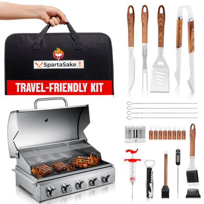 SpartaSake (24-Pack) Premium Stainless Steel BBQ Grilling Accessories with Wood Handles - Barbecue Gill Accessories Set for Blackstone Griddle - Outdoor Camping Grill Set for BBQ for Dad Men Women