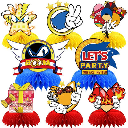 8Pcs Blue Hedgehog Party supplies set Honeycomb Centerpieces Double Sided Table Topper for Birthday Decorations