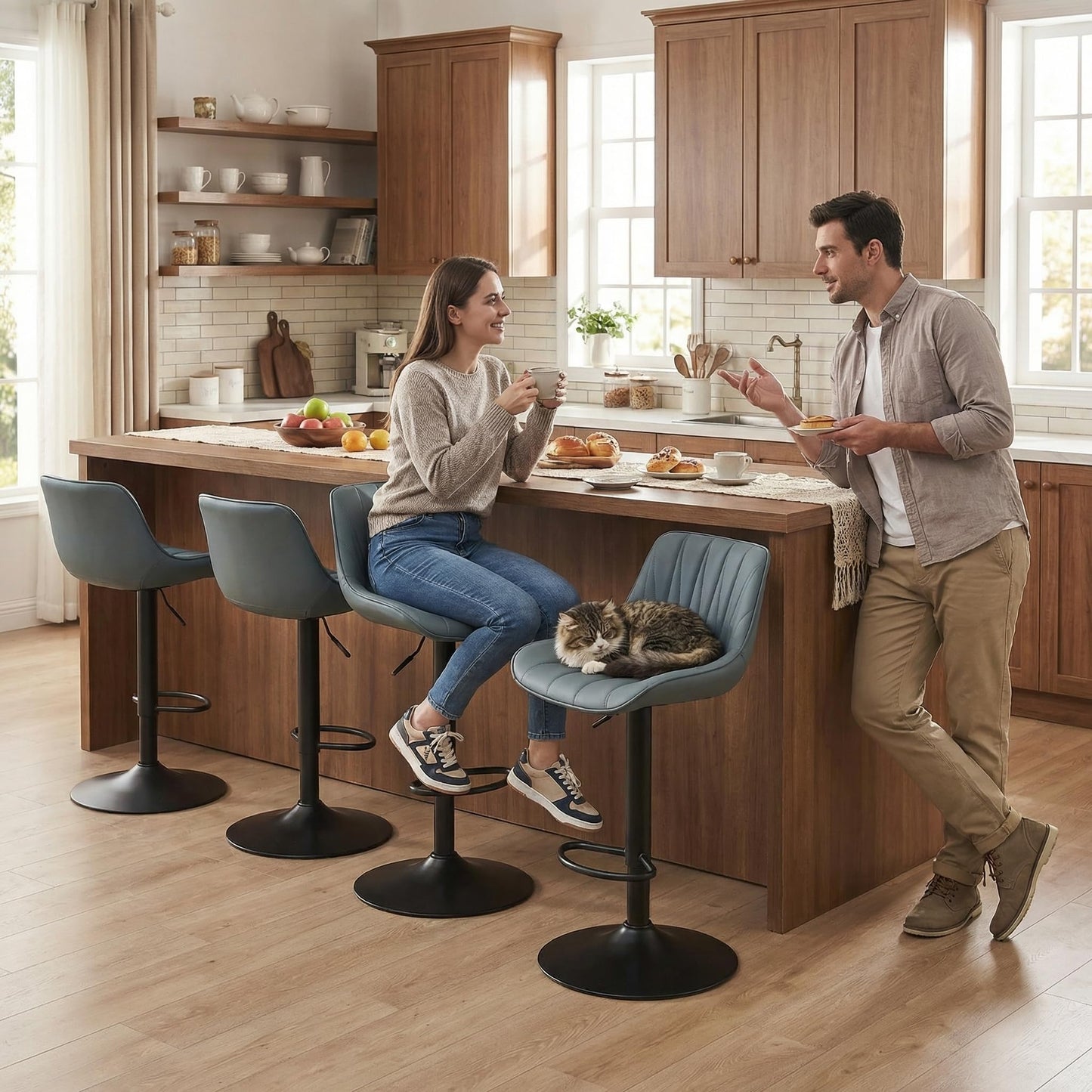 YOUNIKE Grayish Green Bar Stools Set of 2, Faux Leather Padded Counter Height Swivel Bar Chairs, Adjustable Barstools with Back for Kitchen Island, Modern Tall Sunburst-Line Series