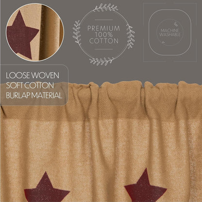 Burlap Natural with Burgundy Stars Primitive 16"x72" Valance, Stenciled Cotton Kitchen Window Curtains