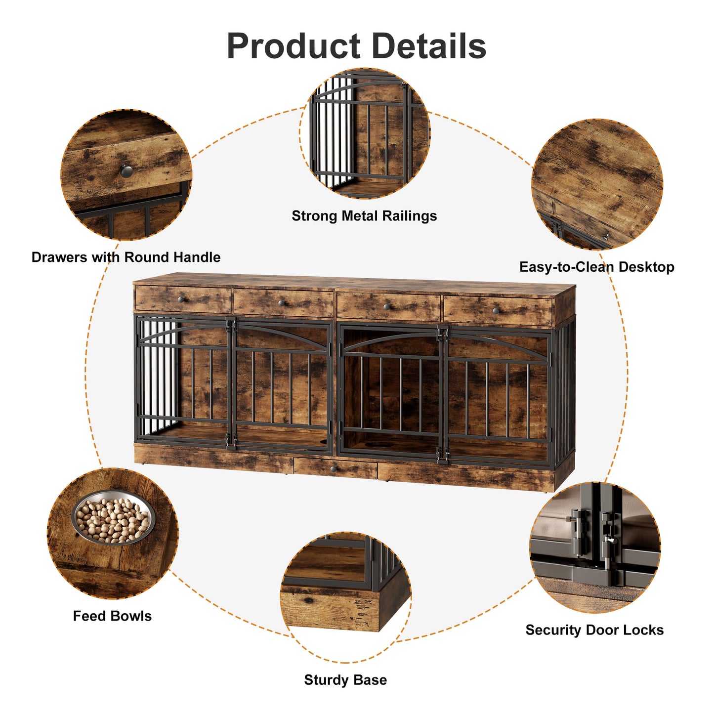 GarveeHome Dog Crate Furniture for 2 Dogs, Dog Kennel Indoor with 4 Storage Drawers and Feeding Bowls, Double Dog Crate TV Stand for Small Medium Dogs, Brown