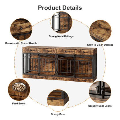 GarveeHome Dog Crate Furniture for 2 Dogs, Dog Kennel Indoor with 4 Storage Drawers and Feeding Bowls, Double Dog Crate TV Stand for Small Medium Dogs, Brown
