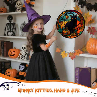 Halloween Decor, Black Cat Halloween Wreath Acrylic Window Hanging Decorations for Door Garden Bathroom Gifts Indoor Outdoor (Black cat)