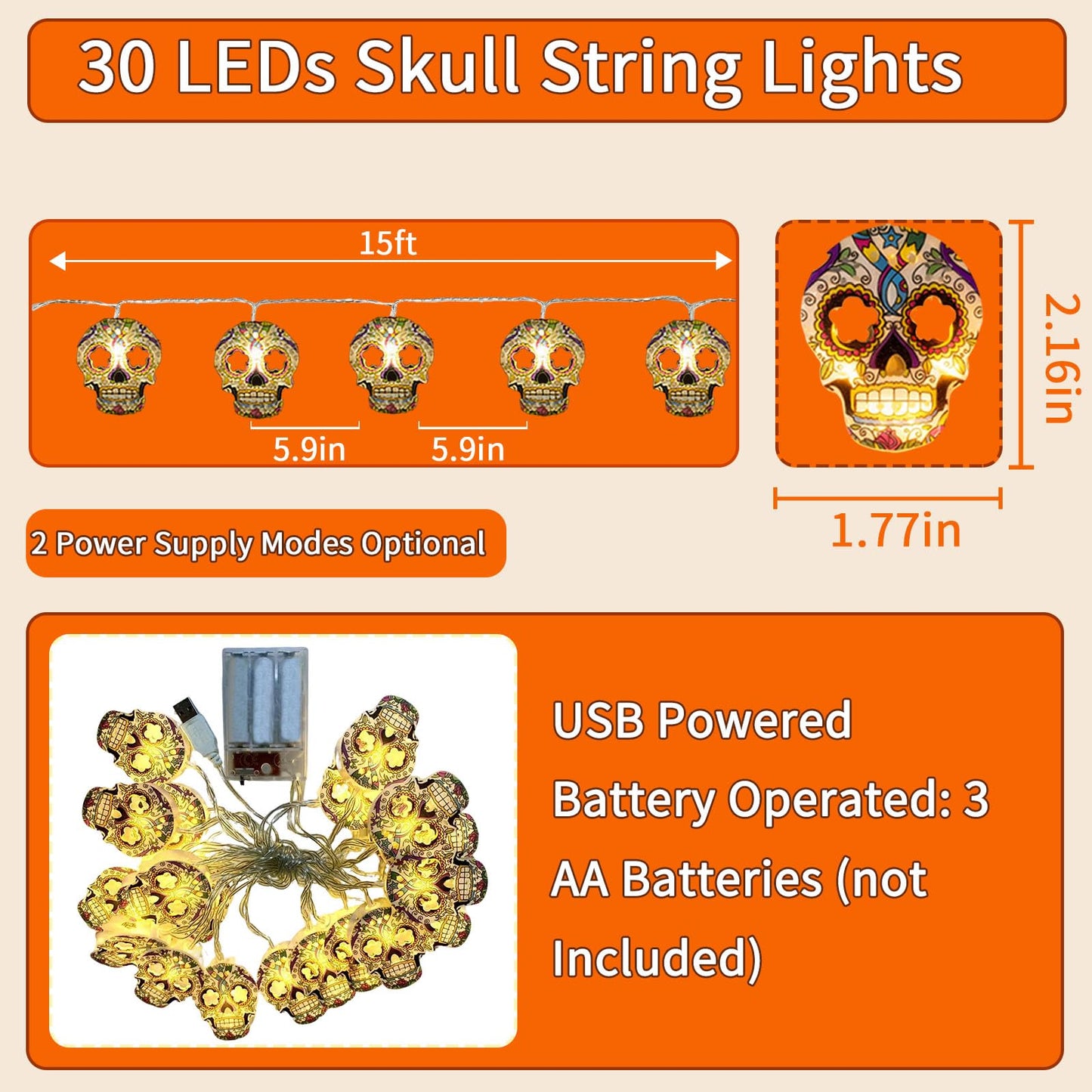 Skull String Lights, 15FT Halloween Lights 30 LED Skull Lights Warm White Halloween & Day of the Dead String Lights with Battery & USB Powered 2 Lighting Modes IP42 Waterproof for Indoor Outdoor Decor
