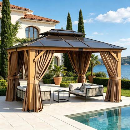 Aoxun 10' x 12' Outdoor Wood Gazebo with Double Polycarbonate Top, Hardtop Gazebo Permanent Wooden Pavilion with Breathable Netting and Privacy Curtain for Patio, Garden, Deck, Cedar Wood, Natural