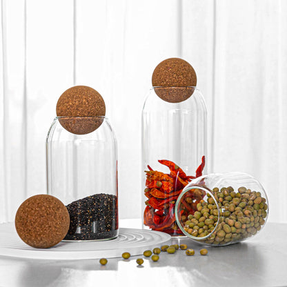 Wisifayardin Glass Storage Jars with Ball Cork Lids - 3 Pcs Set, Decorative Round Glass Canisters, Wood Ball Lids, Sizes: 500ML/17Oz, 800ML/27Oz, 1000ML/34Oz