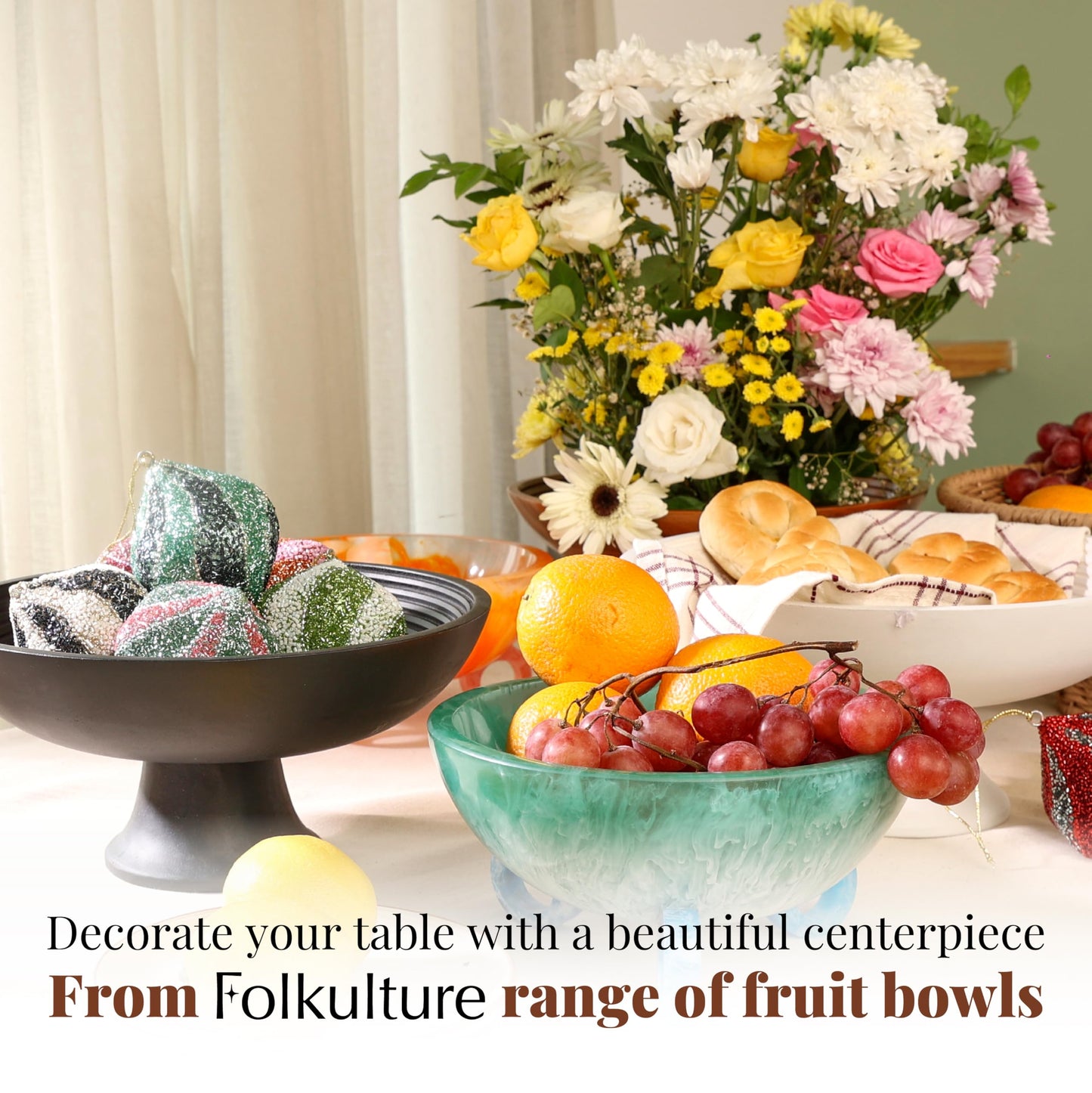 Folkulture Wooden Fruit Bowl for Kitchen Counter | 12" Large Premium Eco Friendly Banana Fruit Basket for Kitchen | Black Wood Bowl with Holder, Pedestal for Table Decor, Mothers Day Gifts