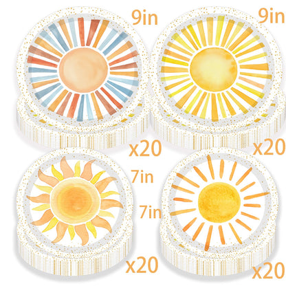 METIXOZE 80ps First Trip Around the Sun Decorations Boho Sun 1st Birthday Paper Plates Boho Sunshine Hippie Party Plates for Sunshine Baby Shower Party Supplies