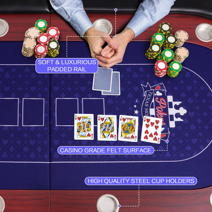 RAYKEEP 86" Large Foldable Poker Table, 10-Player Casino-Style Texas Holdem & Blackjack Game Table with Cup Holders, Padded Rails for Home Game Room, Family Nights, and Parties (Black)