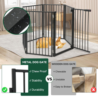 Snagle Paw Full Metal Freestanding Dog Gate with Door, 120” W x 32” H Pet Gate with Support Feet for Doorways, Stairs and Hallways, Portable Dog Fence for Indoor Use (32" 6 Panel, Black)