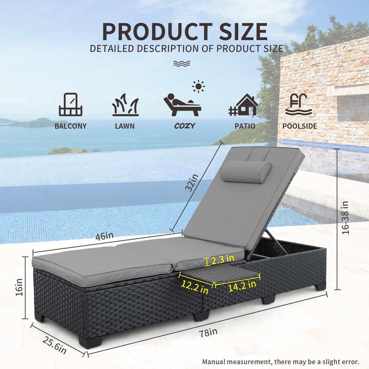 WAROOM Outdoor Chaise Lounge Chairs for Outside Patio Furniture Set of 2 Wicker Recliner Black Rattan Sunbathing Lounger Adjustable Backrest Pool Reclining Chair, Grey Cushion