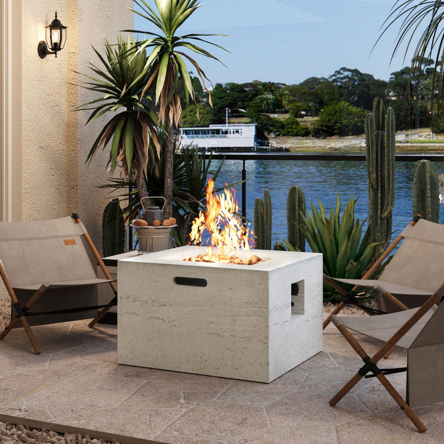 GDFStudio MgO Lightweight Square Propane Fire Pit Table, 40000 BTU Outdoor Propane Fire Pit with Steel Burner, Adjustable Flame Control, Lava Rocks & Rain Cover, Patio Backyard Deck Poolside, Beige