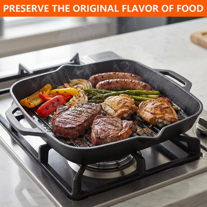 11" Cast Iron Square Grill Pan, Pre-Seasoned Griddle with Handles, Heavy Duty Skillet Griddle Replacement Part for Stovetop, BBQ & Campfire, Indoor & Outdoor Cooking