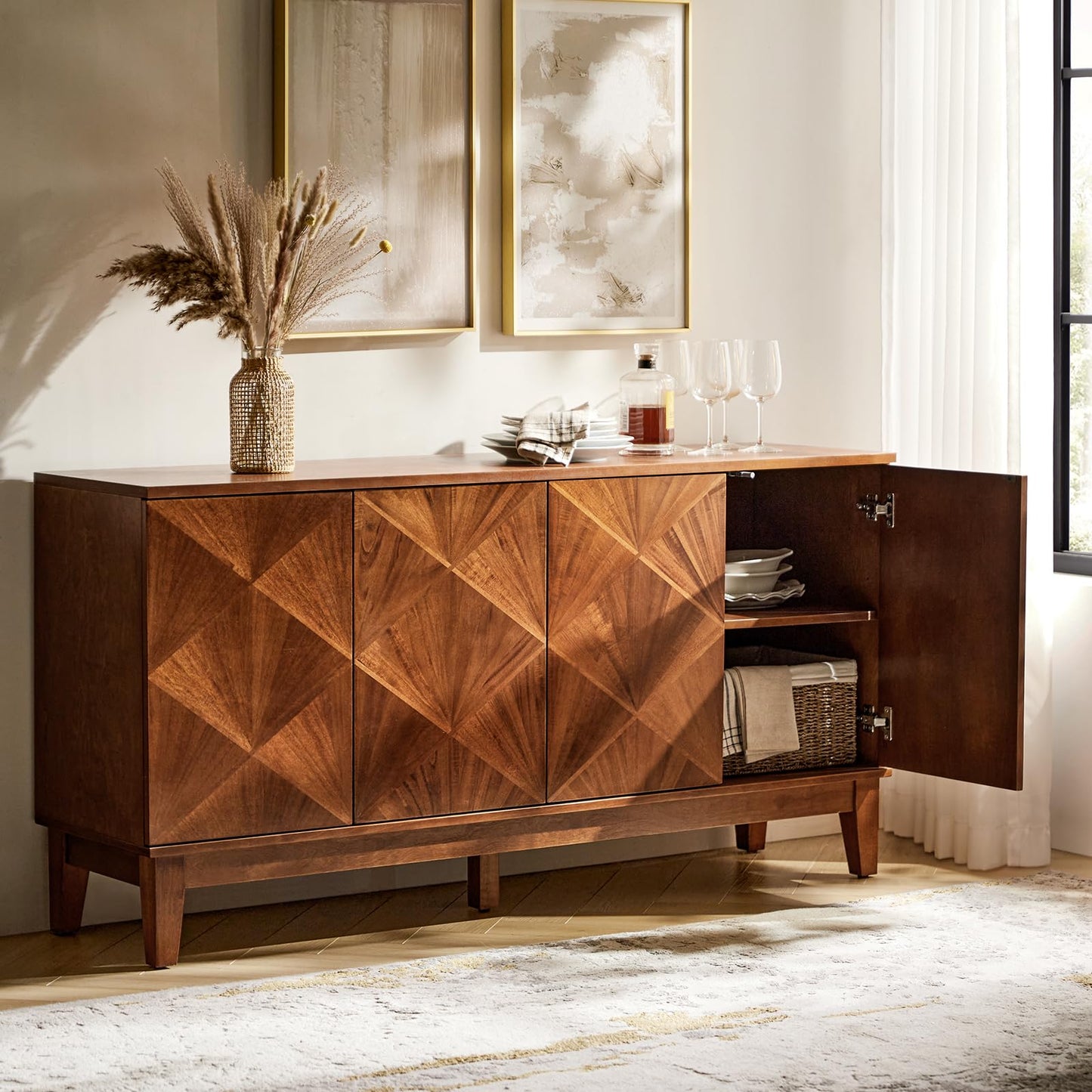 Mid Century Modern Walnut Console Cabinet - 60" Sideboard Buffet with Adjustable Shelves and Handles for Living Room, Kitchen