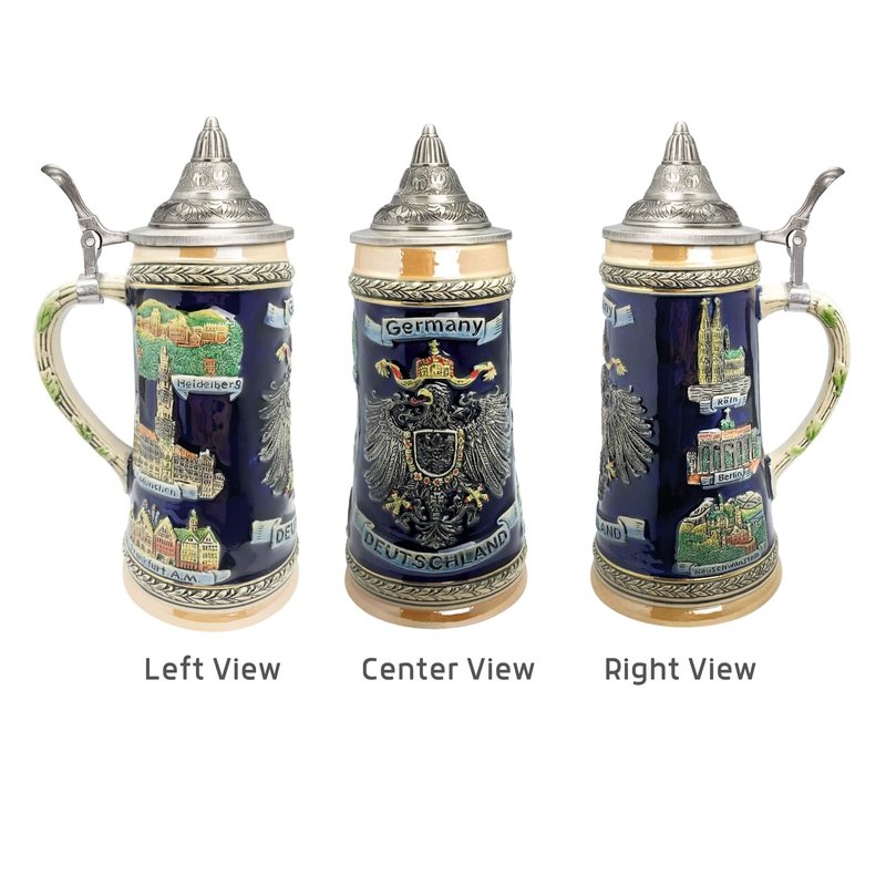 Essence of Europe Gifts 1 L Deutschland German Beer Stein with Lid – German Adler (Eagle) Tankard Hand Painted Engraved Cities Beer Stein Mug - Stein Mug By E.H.G