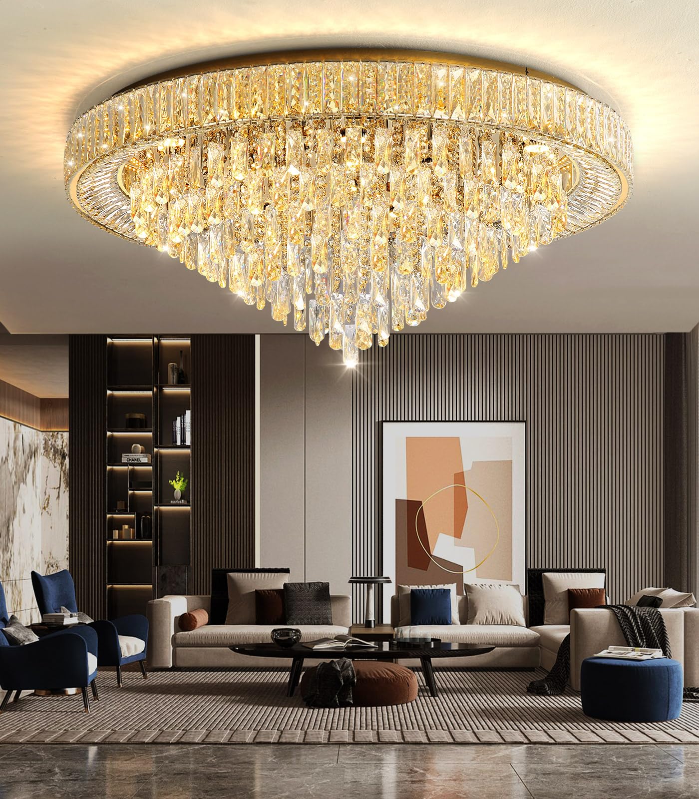 dolria Modern Crystal Large Chandeliers LED Dimmable Flush Mount Ceiling Chandeliers for Living Room High Ceiling Entrance Foyer Bedroom