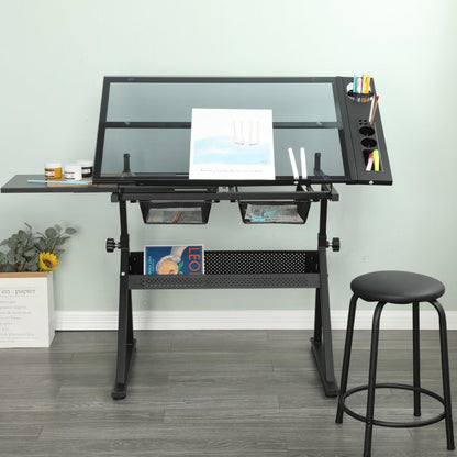 Adjustable Tempered Glass Drafting Table with Chair, Multi-Purpose Writing Desk for Home Office, Standing Desk, Gaming Desk, Computer Desk with Storage, Long Desk for Small Spaces,A1