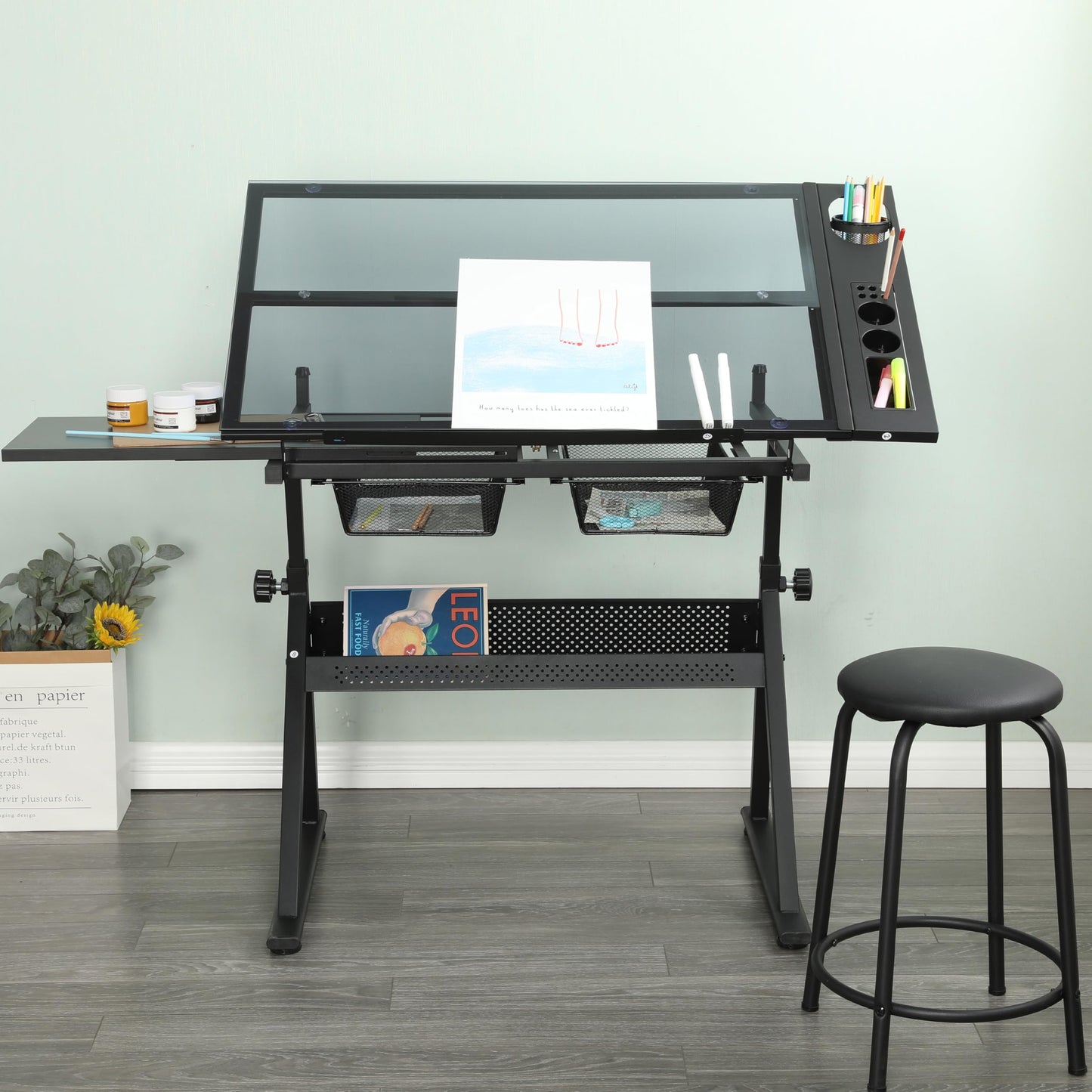 Gecheer Black Adjustable Tempered Glass Drafting Table with Chair, 0-75° Tilt Desktop, 5mm Thick, Two Metal Drawers & Side Storage Strips, Height & Angle Adjustable for Uneven Floors