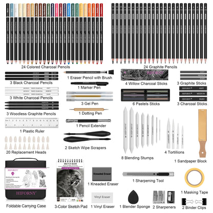 HIFORNY 126 PCS Drawing Kit Sketching Pencil Set,Sketch Pencils Art Supplies with 3-Color Sketchbook,Graphite,Charcoal,Blending Tools,Drawing Pencils for Adults Artists in Zipper Case