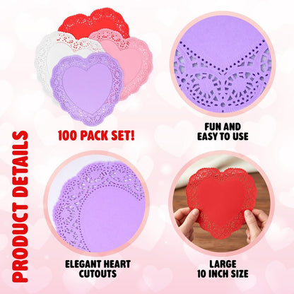 Gift Boutique 10 Inch Heart Doilies, 100 Count Large Valentine Paper Doily Set in Red Pink White & Purple for Table Décor and Crafts