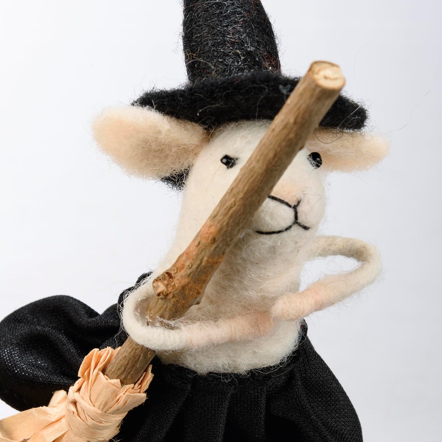 Primitives by Kathy Halloween Collectible Felt Critter, 5.5-inch Witch Mouse with Broomstick in a Witchy hat, Spooky Tiered Tray & Shelf Sitter Decor, Mix & Match with Our Other Collectible Figurines