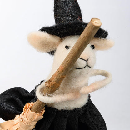 Primitives by Kathy Halloween Collectible Felt Critter, 5.5-inch Witch Mouse with Broomstick in a Witchy hat, Spooky Tiered Tray & Shelf Sitter Decor, Mix & Match with Our Other Collectible Figurines