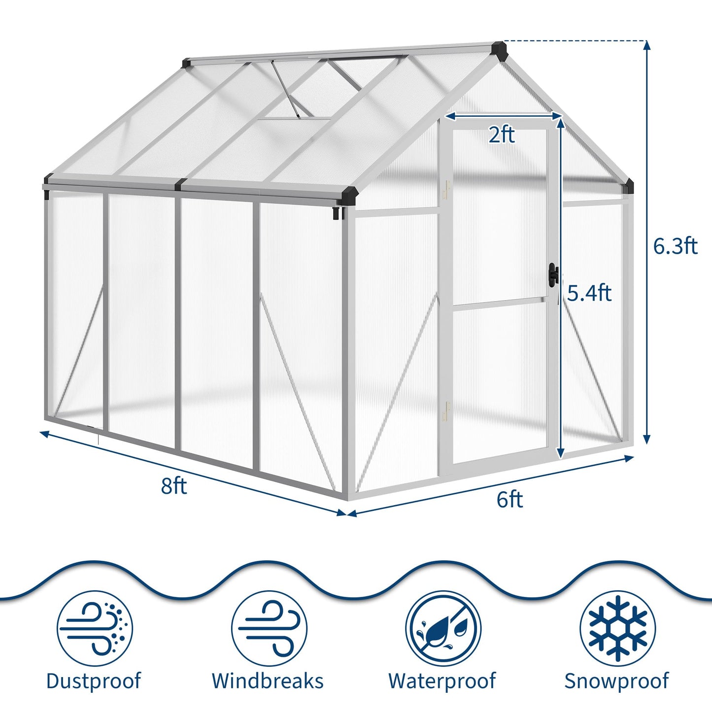 6x8 FT Greenhouse for Outdoors, Polycarbonate Greenhouse with Roof Vent, Ground Nails, Lockable Push Door, Aluminum Large Walk-in Green House for Outside Garden Backyard, Patio, Lawn, Silver
