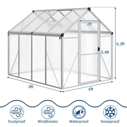 Garvee 6 x 8 FT Greenhouse, Greenhouses for Outside, Polycarbonate Greenhouse with Aluminum Frame, Lockable Door and Ajustable Roof Vent for Backyard, Green Houses for Outside Garden Backyard, Patio
