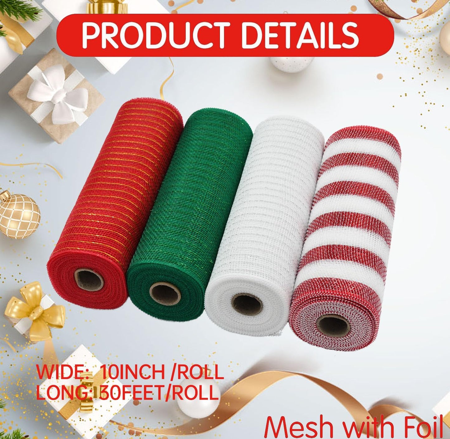 NBHH Christmas Mesh Ribbon Deco -Red, Green, White,Border Striped Deco Mesh Wire Ribbon Metallic Foil Rolls for DIY Christmas Wreaths Decorations Wrapping Craft, 4 Rolls(10 inch Wide)