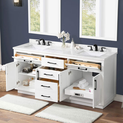 OVE Decors Athea 72" Double Undermount Sink Bathroom Vanity with Cultured Marble Countertop, Backsplash, Power Bar, in White Finish