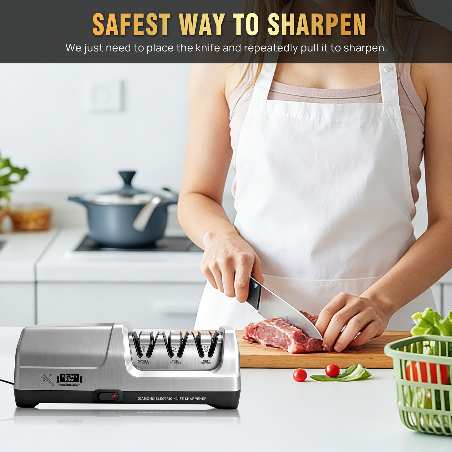 KITCHEN BLISE Electric Knife Sharpener for Kitchen—Fast Sharpening to Restore and Polish Chef Straight and Serrated Knives with 3 Stages & 20° Angle System with Metal Dust Box