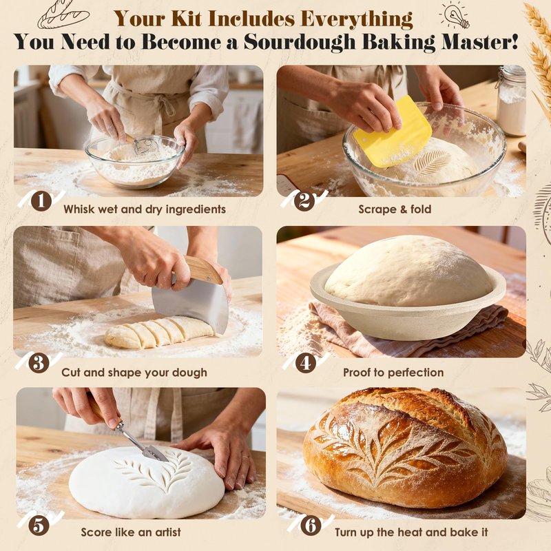 Sourdough Starter Kit with Aliquot Jar, Wood Pulp 9" Round & 10" Oval Bannetons & 34 oz Sourdough Starter Jar & Bread Sling Scrapers & Bag Complete Sourdough Baking Supplies