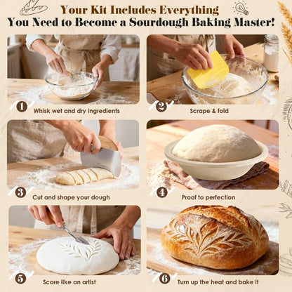 Sourdough Starter Kit with Aliquot Jar, Wood Pulp 9" Round & 10" Oval Bannetons & 34 oz Sourdough Starter Jar & Bread Sling Scrapers & Bag Complete Sourdough Baking Supplies