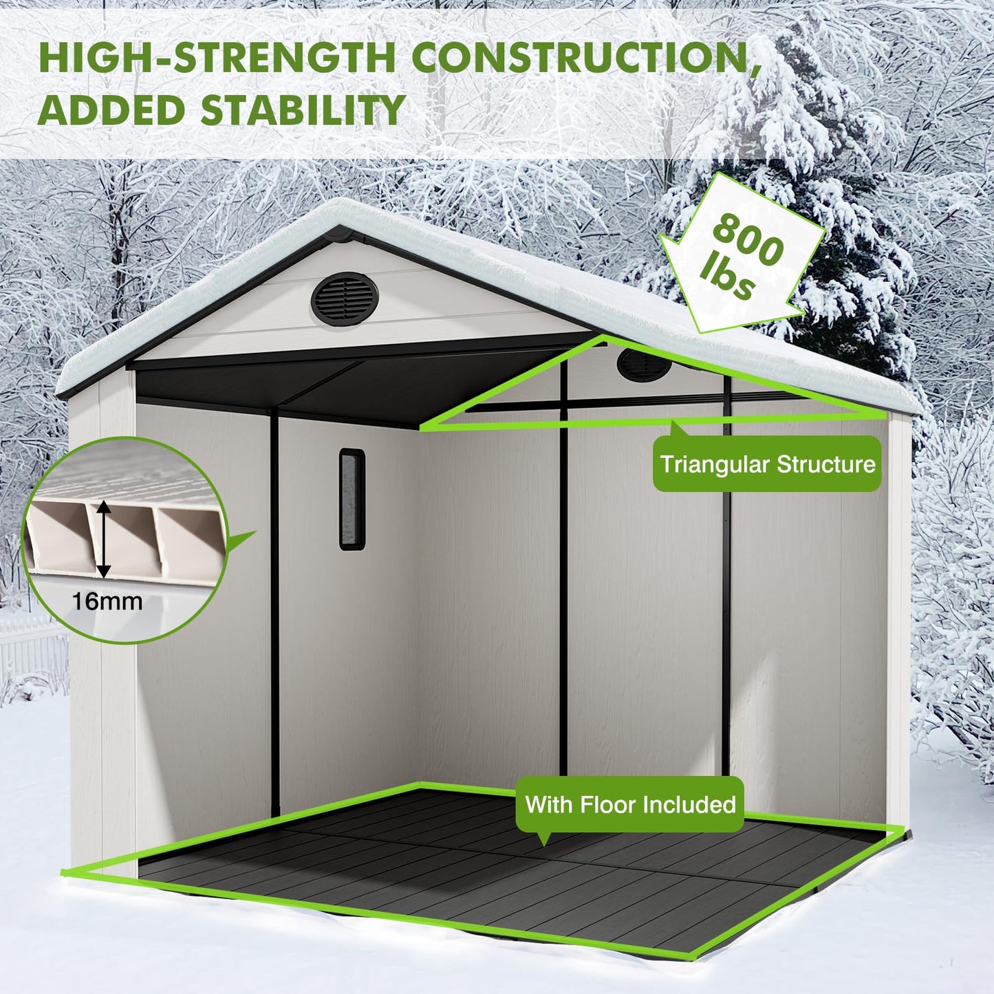 COOS BAY 8x6 Outdoor Storage Shed with Floor, Lockable Doors, All-Weather Resin Garden Tool Shed, White/Gray