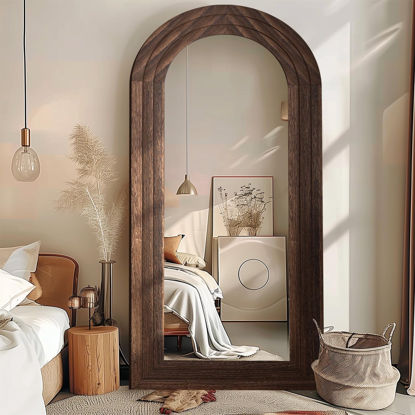 ZHUNFA Arched Full Length Mirror with Solid Wood Frame, 71x32 Farmhouse Wall Mounted Floor Mirror with Stand, Vertical Hanging, Leaning Standing for Bedroom, Living Room, Brown