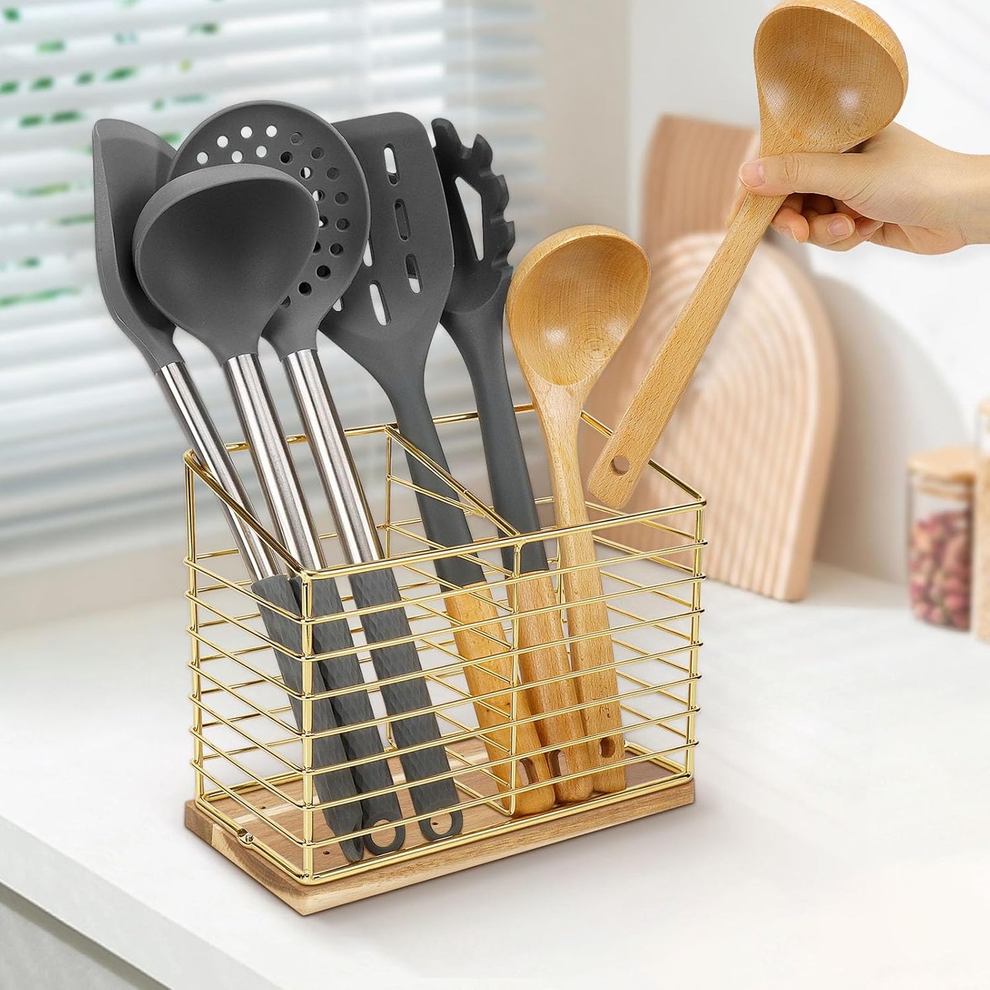 Metal Utensil Holder Rack for Kitchen Counter, Cooking Tools Storage Organizer with Sturdy Base and Drainage Hole (Gold