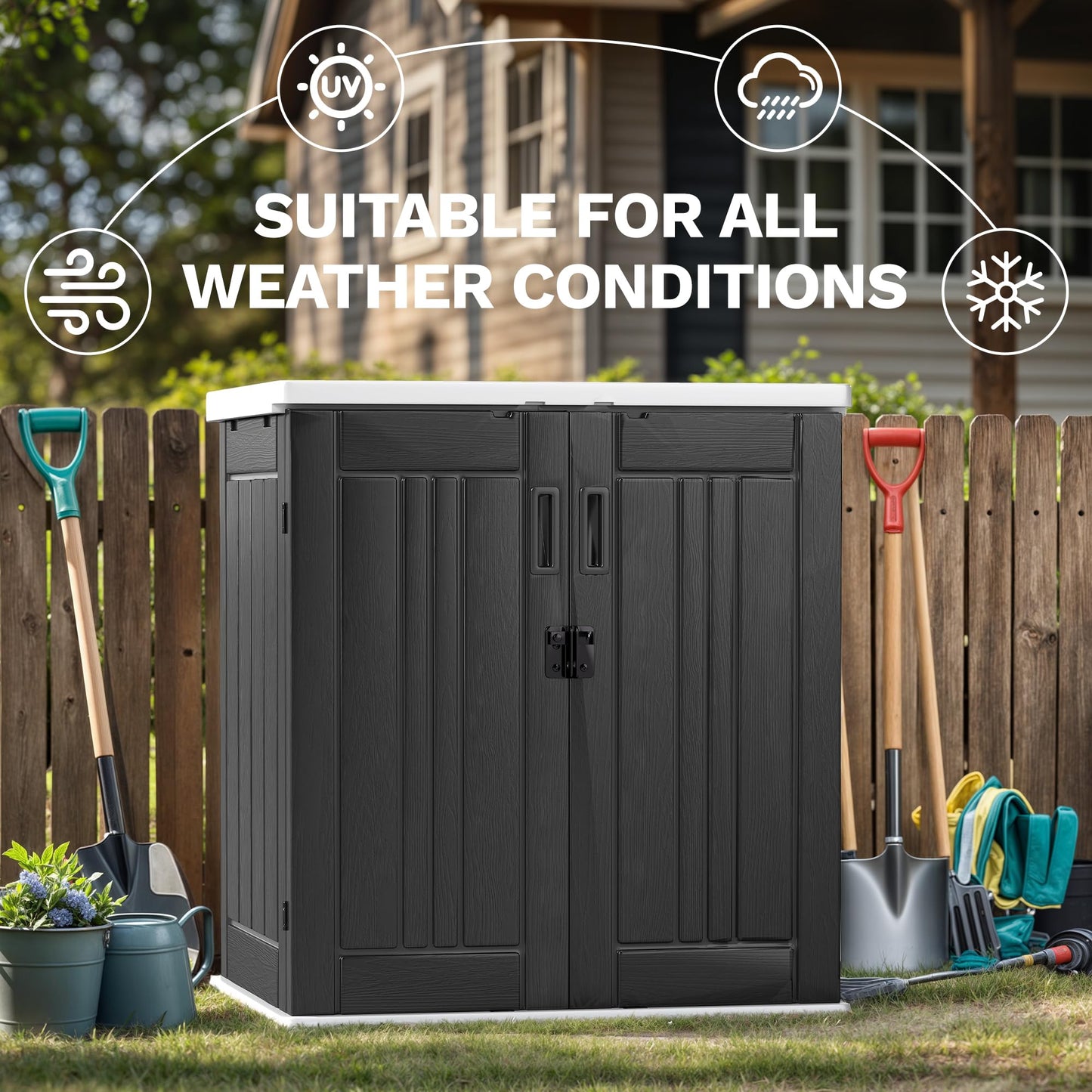 DWVO Outdoor Storage Cabinet with 2 Shelves, Waterproof Horizontal Plastic Storage Shed with Lockable Door, 15 cu. ft. Patio Tools Storage Box for Patio, Garden, Backyard, Deck, Dark Gray