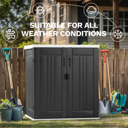 DWVO Outdoor Storage Cabinet with 2 Shelves, Waterproof Horizontal Plastic Storage Shed with Lockable Door, 15 cu. ft. Patio Tools Storage Box for Patio, Garden, Backyard, Deck, Dark Gray