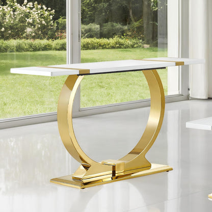 Furniture of America Wellit Glam Wood 50-inch White Sofa Table with O-Shaped Stainless Steel Trestle Base for Living Room, Gold