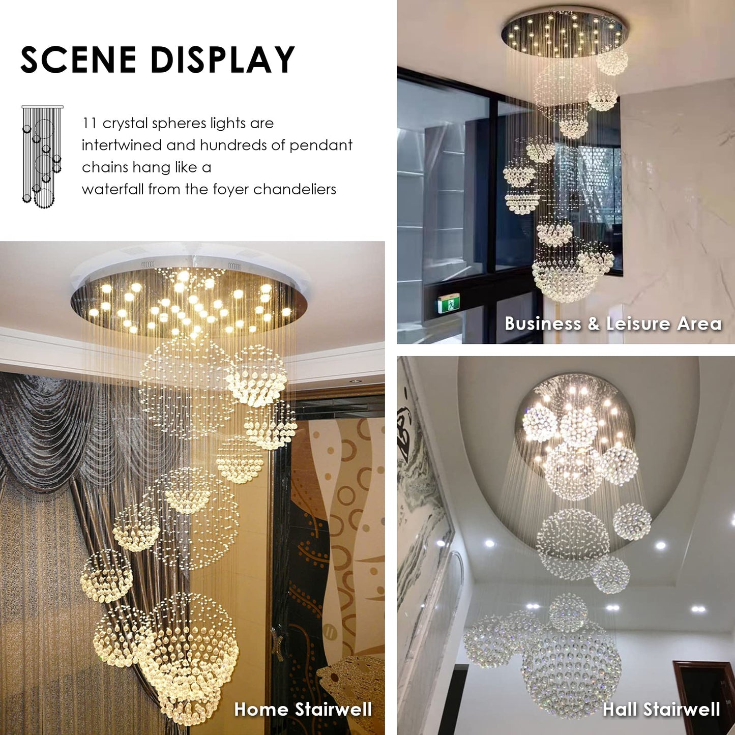 Siljoy Modern Foyer Chandeliers for High Ceiling, Large Staircase Chandelier with Spiral Sphere Design, Raindrop Crystal Chandelier Flush Mount Ceiling Light for Entryway Living Room W31.5 X H110