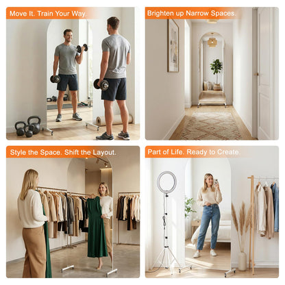 80” x 40” Arched Full Length Rolling Floor Mirror on Lockable Wheels, Large Whole Body for Home Gym & Dance Studio, Shatter-Resistant Tempered Safety Glass, 360° Swivel, White Metal Frame and Stand