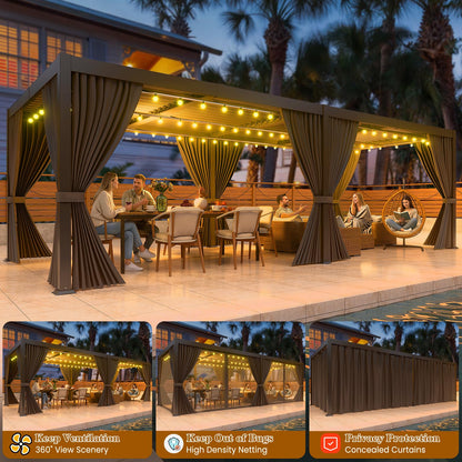 LEVELEVE 10' x 20' Louvered Pergola with Adjustable Roof, Outdoor Metal Patio Gazebo with Curtains & Netting, Gutter System, Large Hardtop Canopy for Garden, Deck, Backyard
