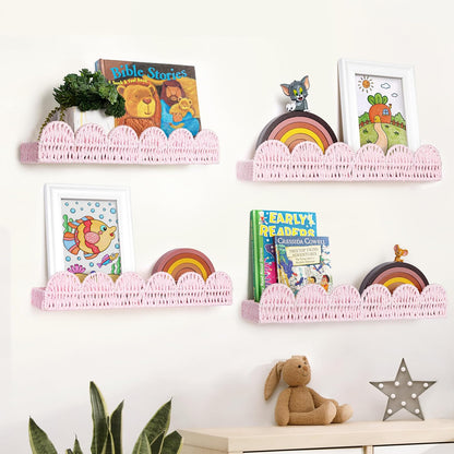 Set 4, AELS Scalloped Nursery Bookshelf, of Picture Ledge Shelf for Wall Decor, Woven Natural Fibre Floating Shelves