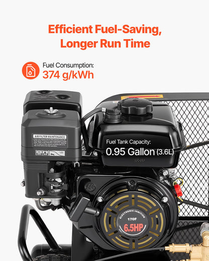 VEVOR 9 Gallon Twin-Tank Gas Powered Air Compressor, 6.5HP 9CFM Gas Driven Air Compressor Tank on Wheels, Max 115PSI Piston Pump Air-Compressed System for Tire Inflation, Auto Repairs, Spray Painting