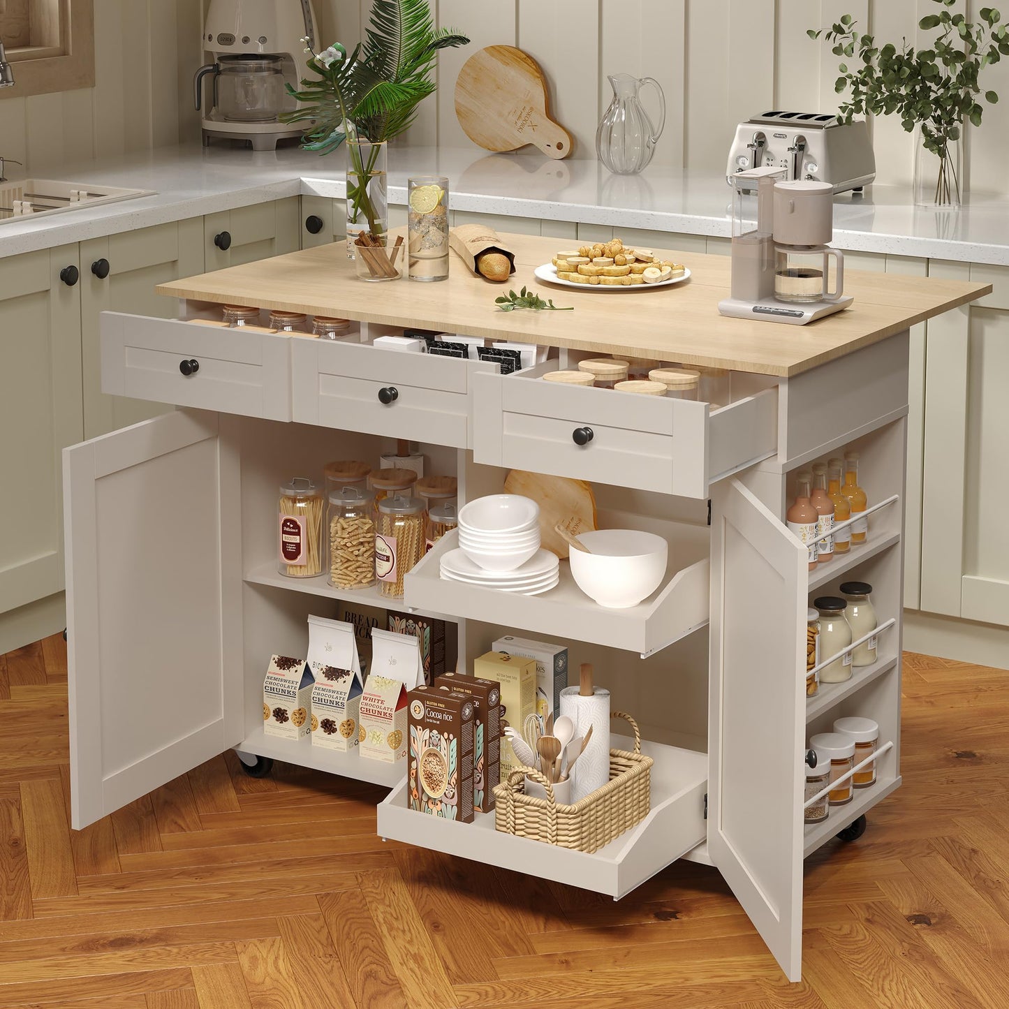 GarveeHome Rolling Kitchen Island with Drop Leaf Countertop, Charging Station & Ample Storage - 47.2 in Mobile Kitchen Cart On Wheels with Pull-Out Shelves, Drawers, Spice Rack & Organizer Divider