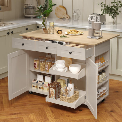 GarveeHome Rolling Kitchen Island with Drop Leaf Countertop, Charging Station & Ample Storage - 47.2 in Mobile Kitchen Cart On Wheels with Pull-Out Shelves, Drawers, Spice Rack & Organizer Divider