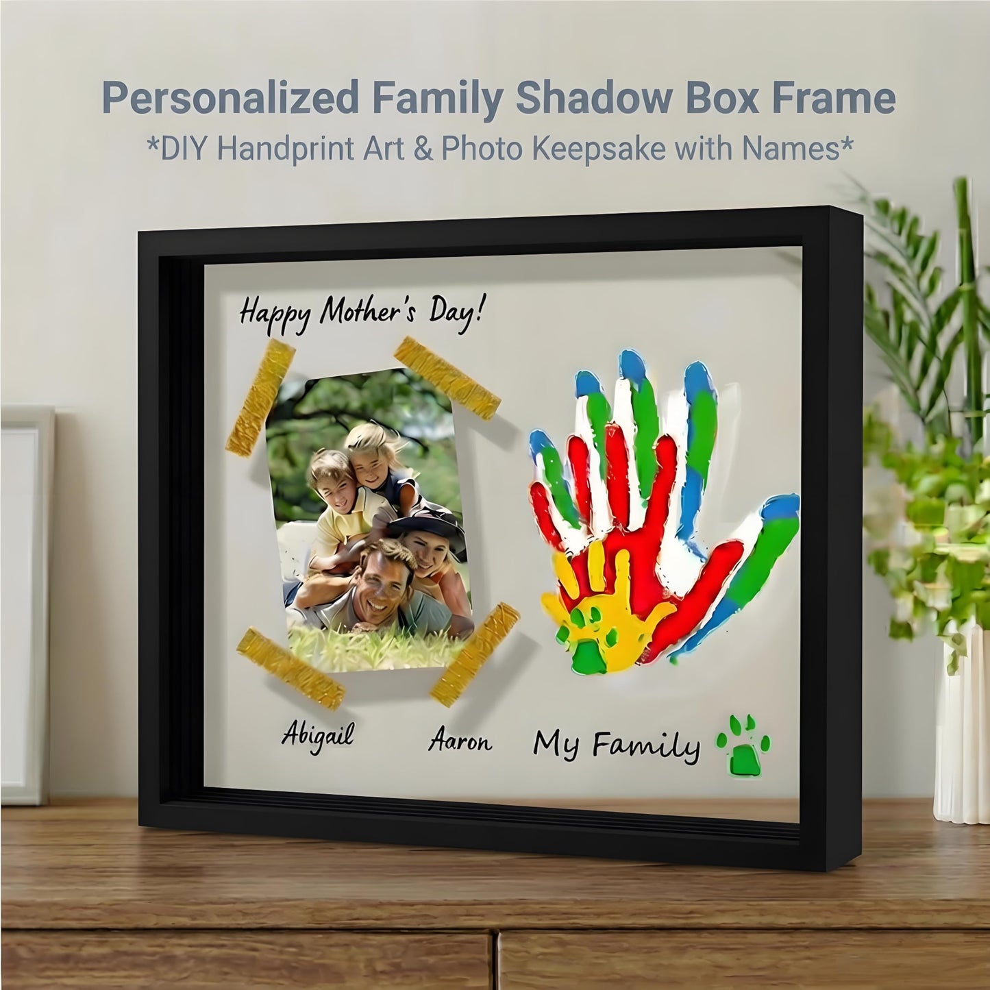 Family Handprint Keepsake Frame Kit with Photo Display – DIY 3D Floating Layered Design for Mom, Dad and Baby – Safe Non-Toxic Paint Set for Footprints – Perfect Baby Shower Gifts, New Parents Couples Keepsake, Home Decor 13.1x9.6 Inch (Black)