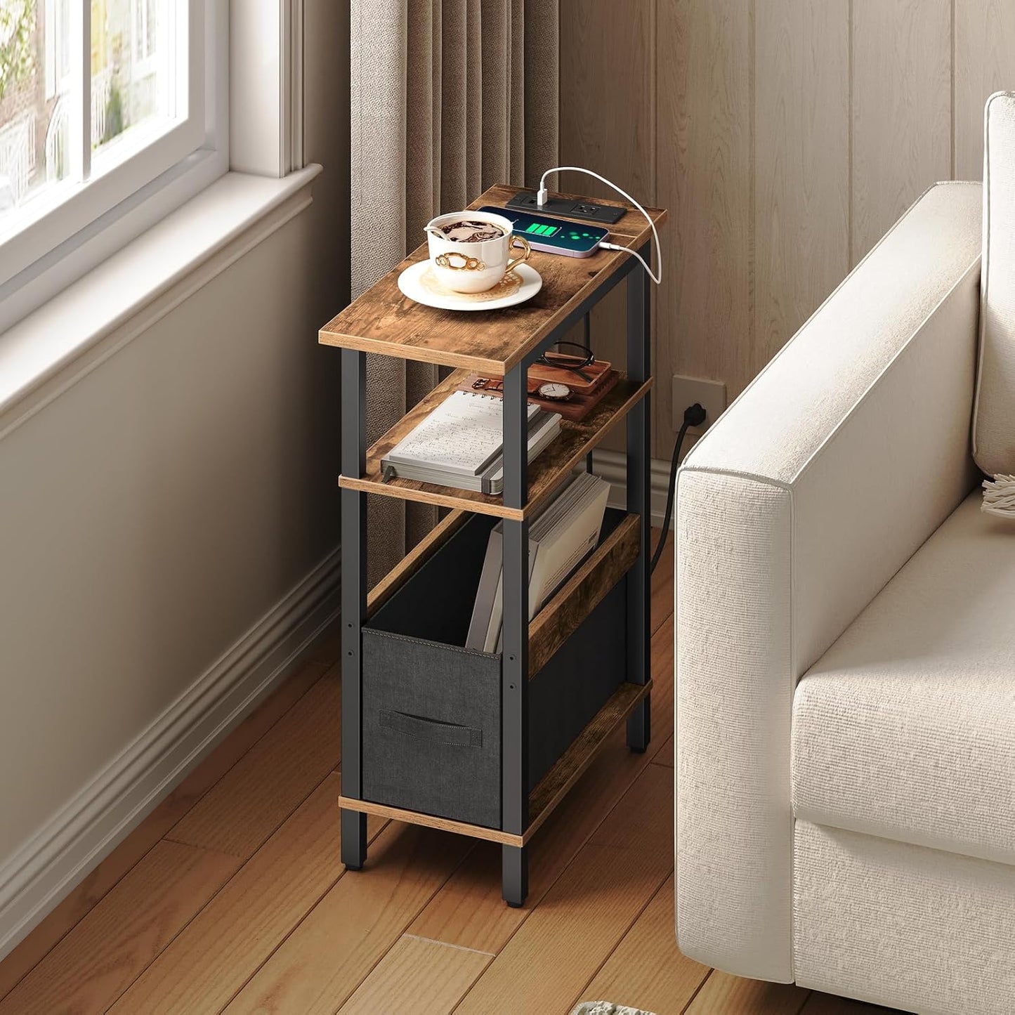 Narrow Side Table with Charging Station - 3 Tier Small End Table for Small Spaces, Rustic Brown