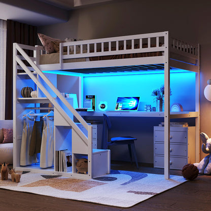 Bellemave Twin Loft Bed with Stairs and Shelves, Wood Loft Bed with Two Chest of Drawers, Wardrobe, LED for Kids, Teens, Adults, White
